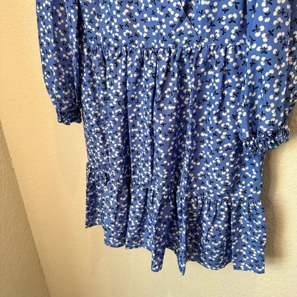 NWT Eliza J Blue Floral V-Neck Ruffle Skirt Mini Dress - Size 14